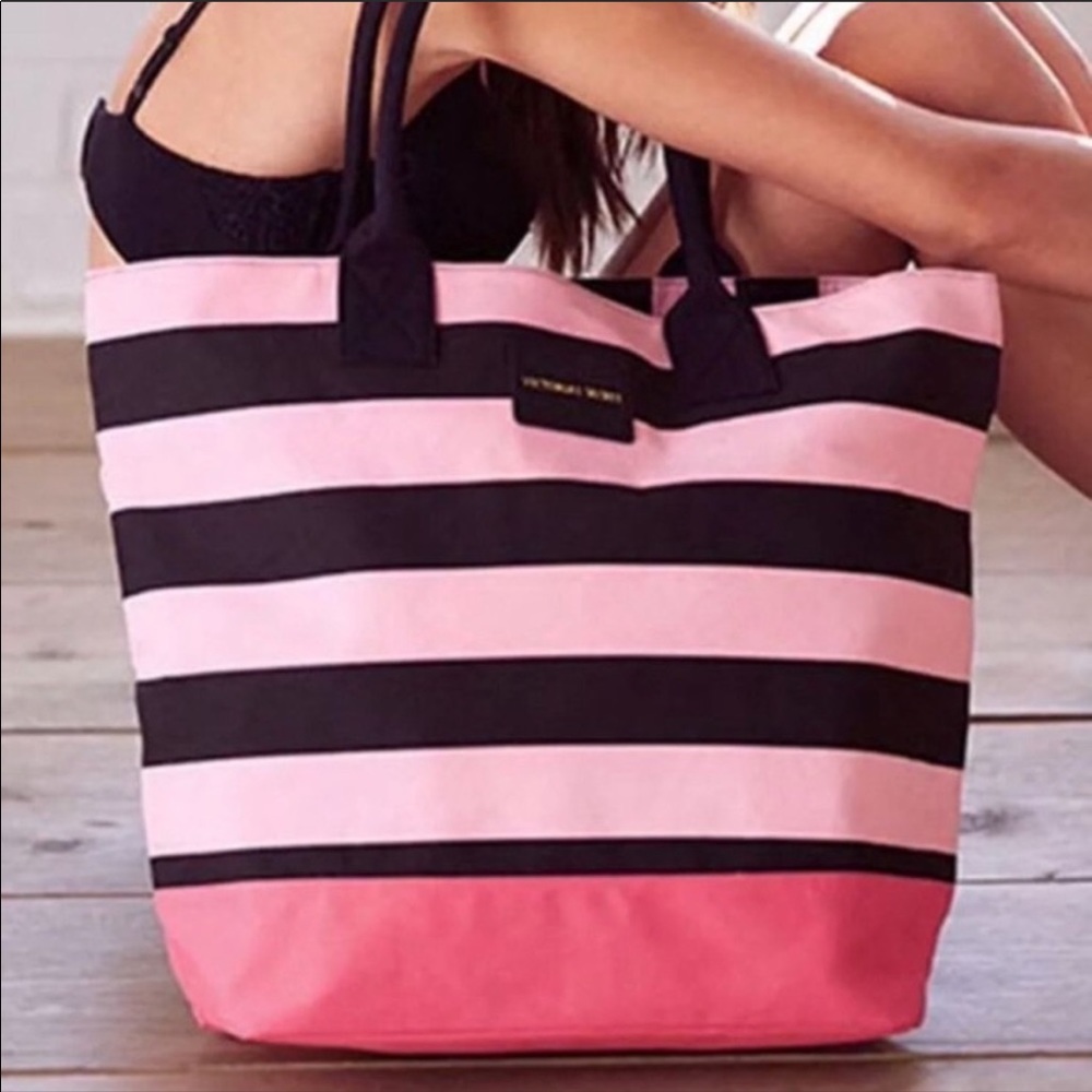 ⚡️🏷 VICTORIAS SECRET PINK BLACK STRIPED TOTE BAG BEACH